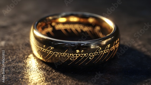 Close-up of the One Ring from Lord of the Rings, glowing with ancient Elvish script on a dark, textured surface.
