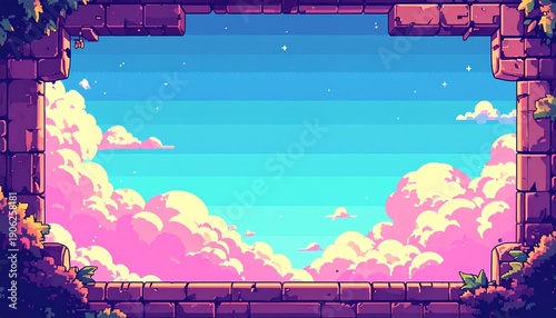 Pixel Art Cloudy Sky View from Ruins.