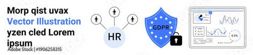 Data privacy, GDPR compliance, HR systems, digital security, workflow, and analytics. Visuals include GDPR shield, HR icons and analytics dashboard. Data privacy and GDPR compliance concept