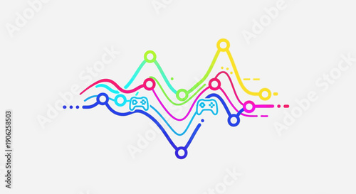 Dynamic gaming data visualization featuring vibrant wavy lines and controller icons