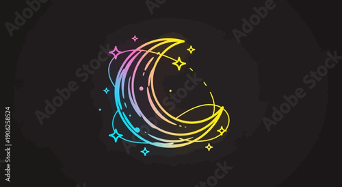 Vibrant Gradient Outline Crescent Moon and Stars Magical Cosmic Illustration Aesthetic Night Sky