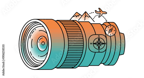 Vibrant Illustrated Camera Lens Representing Global Travel and Photography Adventures