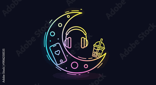 Luminous crescent moon with modern lifestyle icons for music, communication, and refreshments
