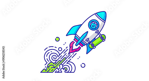 Dynamic vector illustration of a playful rocket launch carrying a skateboard symbolizing speed and