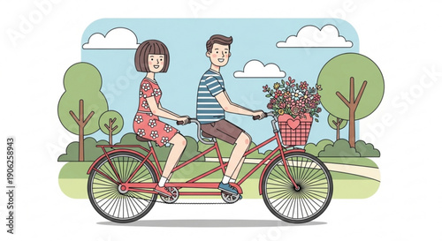 Couple riding red tandem bicycle with flowers in basket through park on sunny day with green trees and blue sky