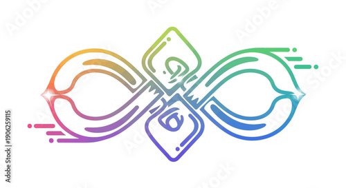 Vibrant gradient infinity symbol with intricate knot work and dynamic flow elements representing