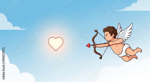 Cartoon cherub with bow and arrow flying towards heart shaped target on blue sky with white clouds background symbolizing love and romance