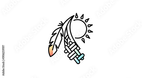 Abstract native american inspired feather sun and woven symbol line art design for spiritual
