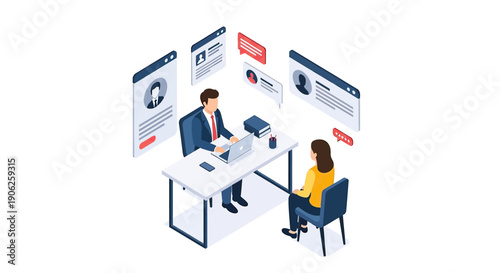 Isometric illustration of a job interview with a male interviewer and female candidate.