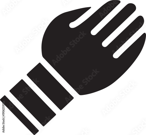 Minimalist silhouette icon of human hand with striped wrist cuff isolated on gray background art