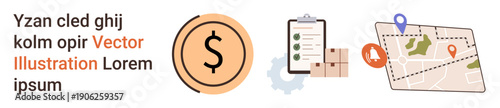 E-commerce, logistics planning, delivery service, financial management, route optimization, online shopping. Dollar sign, checklist clipboard location map with pin and boxes. E-commerce