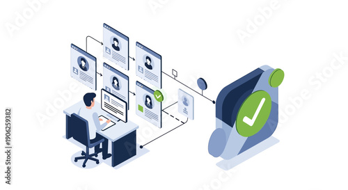 Isometric illustration of a person managing multiple user profiles and data flow.
