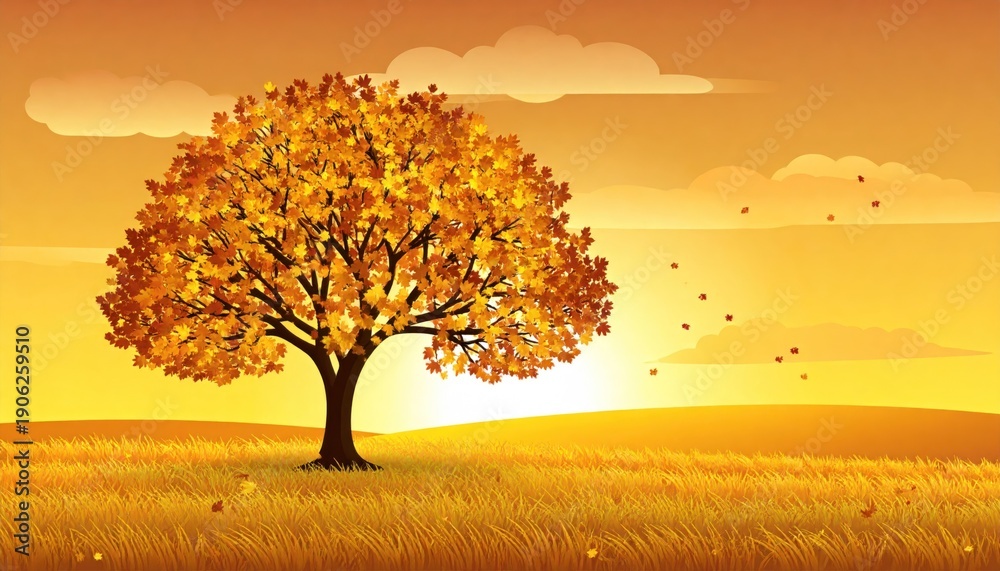 Obraz premium A vibrant autumn scene with a golden tree, fields, and a sunset sky