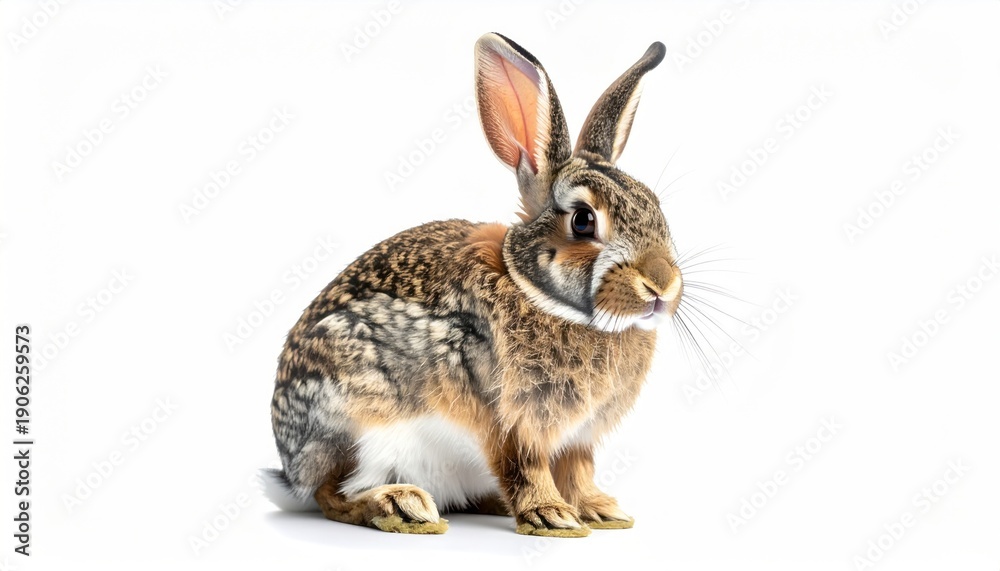 Obraz premium A fluffy, brown and white rabbit with upright ears and whiskers, isolated on white