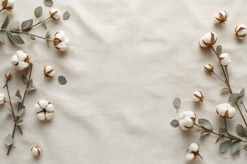 Minimal flat lay of cotton flowers and eucalyptus leaves framing neutral fabric background with copy space