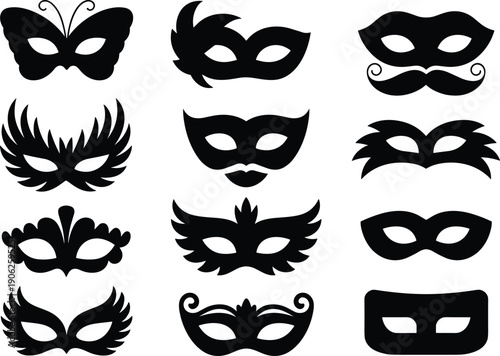 Masquerade mask silhouette collection featuring carnival, Venetian and party eye masks isolated for costume design, festival events and decorative graphics