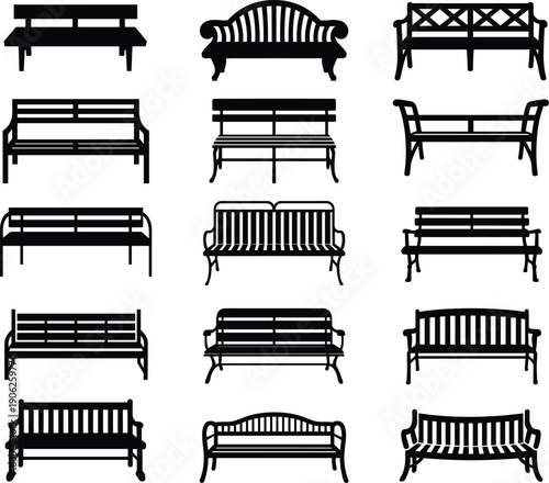 Outdoor park bench silhouette set featuring wooden and metal garden seating designs isolated for landscape architecture, urban furniture and exterior design projects