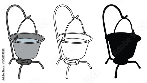 Three different styles of a cauldron with a stand and water.