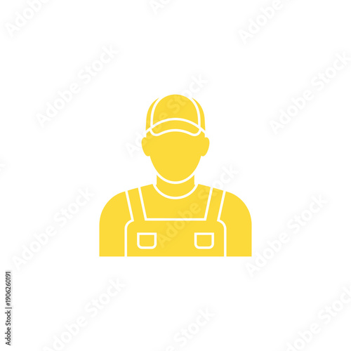 Yellow silhouette of a man wearing overalls and a baseball cap