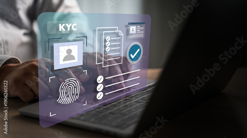 Billede på lærred man typing on laptop KYC identity verification with biometric fingerprint, ID profile and document checklist, secure for banking OTP entry , fintech and compliance