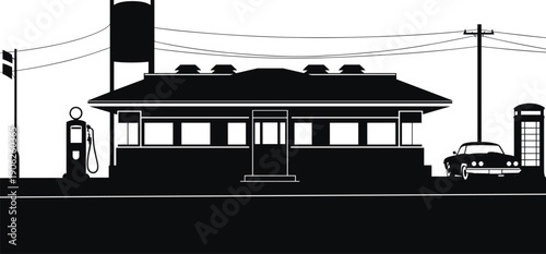 Vintage roadside diner and gas station silhouette featuring retro car, fuel pump and telephone booth isolated for urban landscape design projects