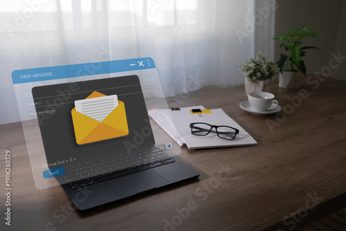 Photos Mail inbox organization new message interface on laptop, inbox representing digi