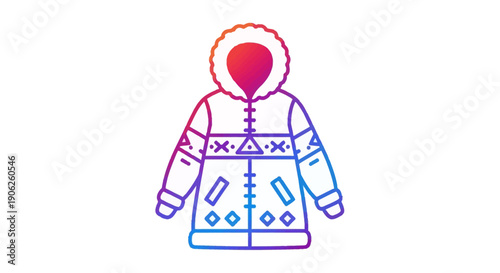 Stylish Winter Parka Coat Icon with Vivid Gradient Colors and Fur Lined Hood Illustration