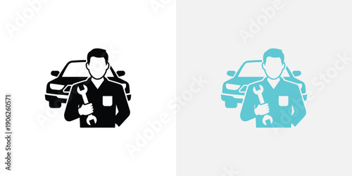 Black and blue mechanic with car and wrench silhouette