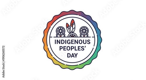 Vibrant Indigenous Peoples' Day emblem with cultural symbols and rainbow border design
