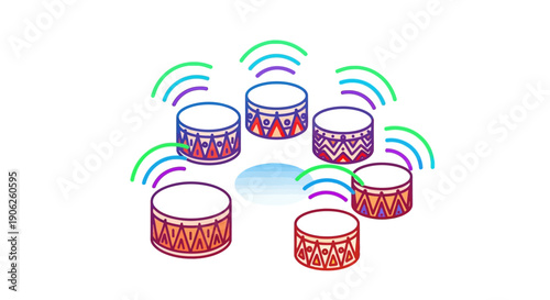 A vibrant illustration of drums sending wireless signals depicting a connected sound network