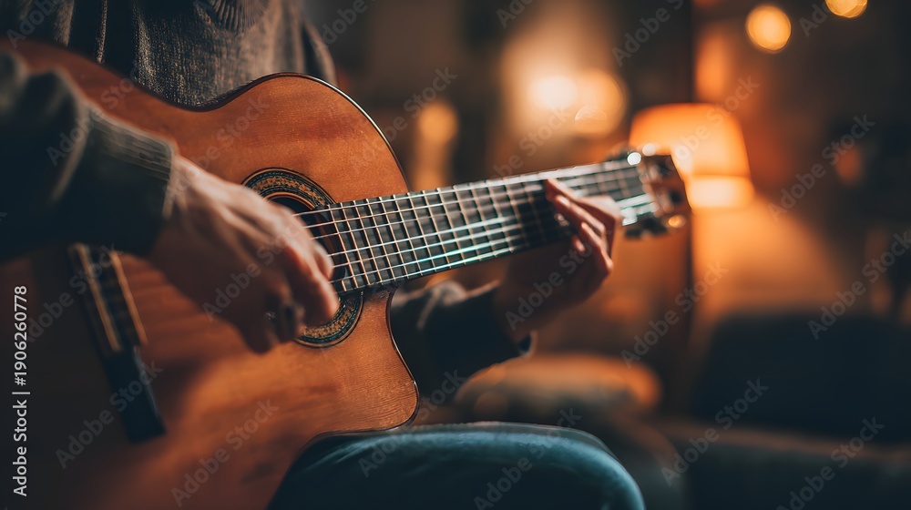 Fototapeta premium Close-up of a person playing an acoustic guitar in a warmly lit indoor setting.