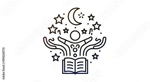 Enchanting illustration of knowledge and dreams under a crescent moon and stars, inspiring