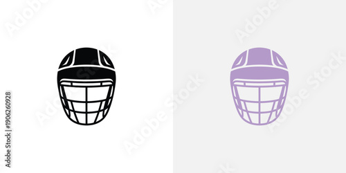 Black and purple hockey helmets with face guards white background