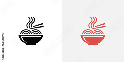 Black and red bowl of noodles with chopsticks and steam