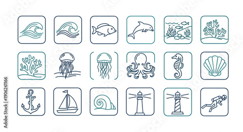 Collection of Hand Drawn Marine Life and Nautical Icons.