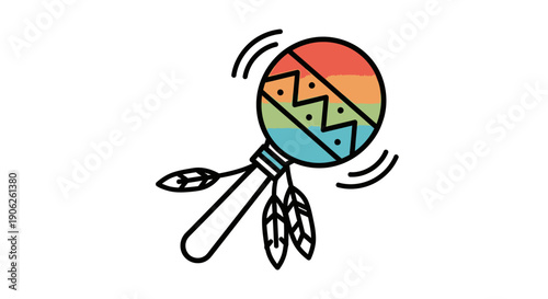 Vibrant colorful maraca illustration with tribal patterns and feathers for festive designs