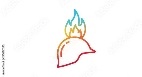 Abstract gradient line art icon of a helmet with a blazing colorful flame symbolizing strength and