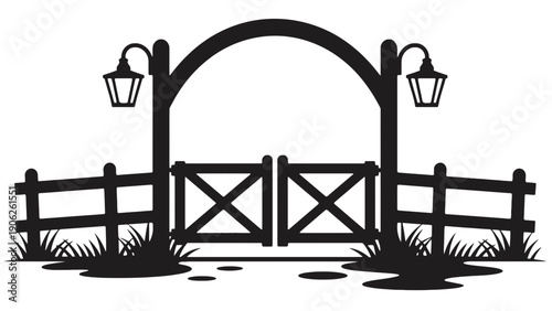 Fence gate silhouette with archway and street lamps on white background