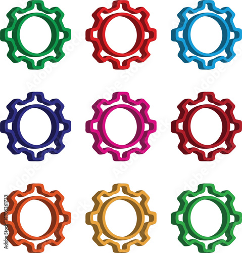 3D Settings Gear Icons Set in Multiple Colors for App UI Web Interface Configuration Tools System Controls High Quality 3D Icon Illustration Transparent Background
