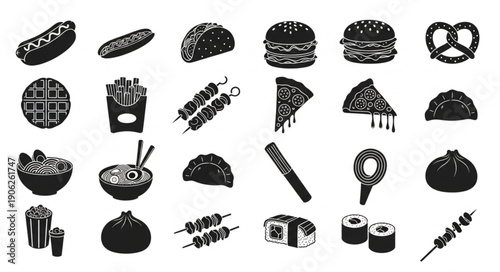 Collection of Hand Drawn Fast Food and Snack Icons.