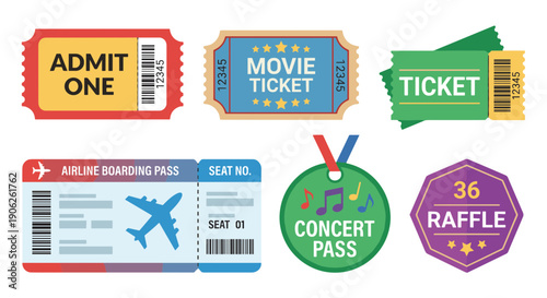 Vector illustration set featuring various entrance tickets, passes, and boarding cards for fun and travel experiences