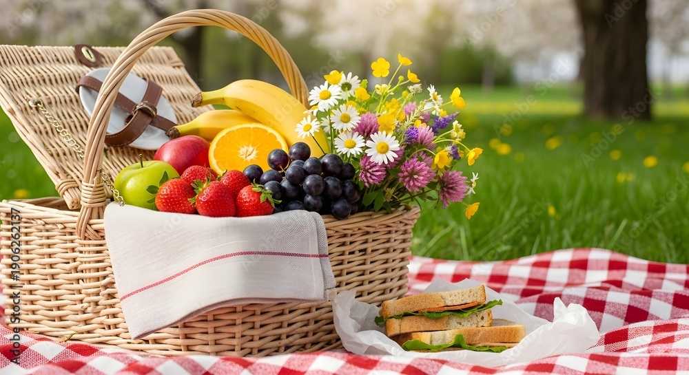 custom made wallpaper toronto digitalPicnic basket with fresh fruit and flowers on plaid blanket