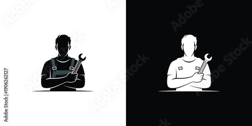 Black and white of men holding wrenches workers mechanics