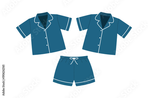 A set of blue pajamas with white trim on a plain background