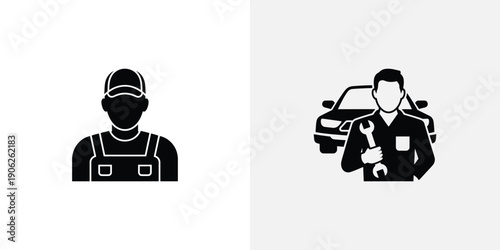 Black and white of two male mechanics workers black and white