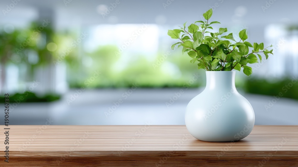 Fototapeta premium Elegant Green Plant in a Soft Blue Vase on Wooden Table Surrounded by Lush Nature Background in Modern Interior Space