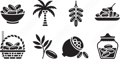 Date fruit icons set featuring palm tree basket and bowl of dates for ramadan iftar traditions