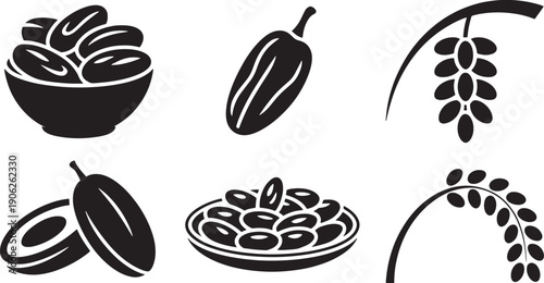 Date fruits icons bowl dates bunch sliced muslim ramadan food vector illustration