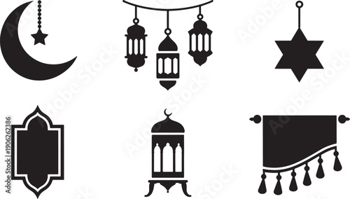Decorative ramadan ornaments including crescent moon lanterns stars and traditional wall decor