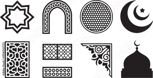 Islamic decorative patterns mosque elements black silhouette icons isolated vector set